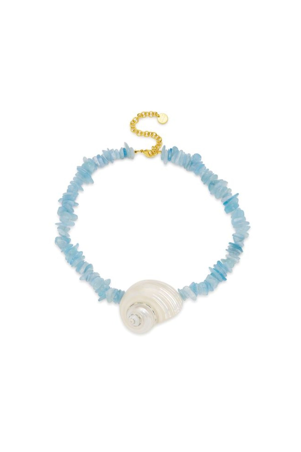 Cassis Necklace by Amber Sceats, handcrafted in Italy with aquamarine stones and seashells plated in 24K gold for coastal luxury.
