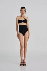 Castano Two Piece Black by Maygel Coronel, ruched bikini with floral detail and high rise bottoms. Perfect for beach days or bold swim looks.