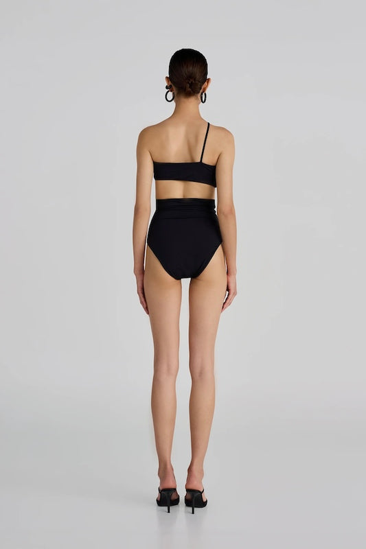 Castano Two Piece Black by Maygel Coronel, ruched bikini with floral detail and high rise bottoms. Perfect for beach days or bold swim looks.