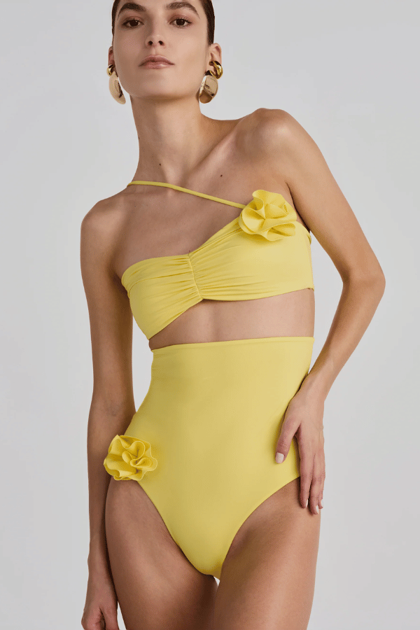 Castano Two Piece Mimosa by Maygel Coronel, ruched bikini with floral detail and high rise bottoms. Perfect for beach days or standout swim looks.