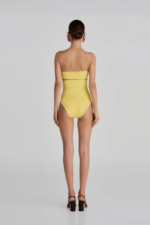 Castano Two Piece Mimosa by Maygel Coronel, ruched bikini with floral detail and high rise bottoms. Perfect for beach days or standout swim looks.