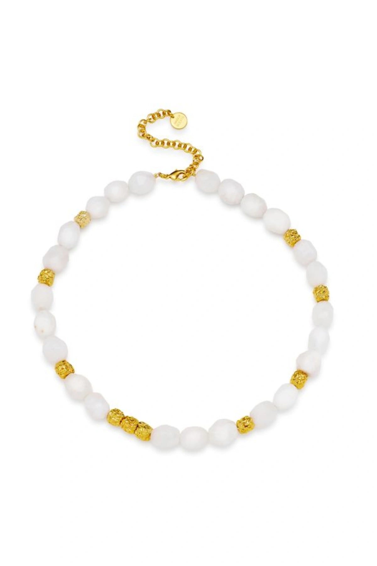 Catania Necklace Gold by Amber Sceats, gold-plated necklace with White Quartz and nugget beads, a trendy piece perfect for layering or chic everyday wear.