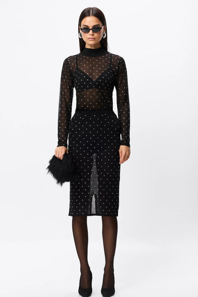 Celeste Knit Skirt Black Crystal by Mossman – semi sheer crystal embellished knit pencil skirt with removable slip.