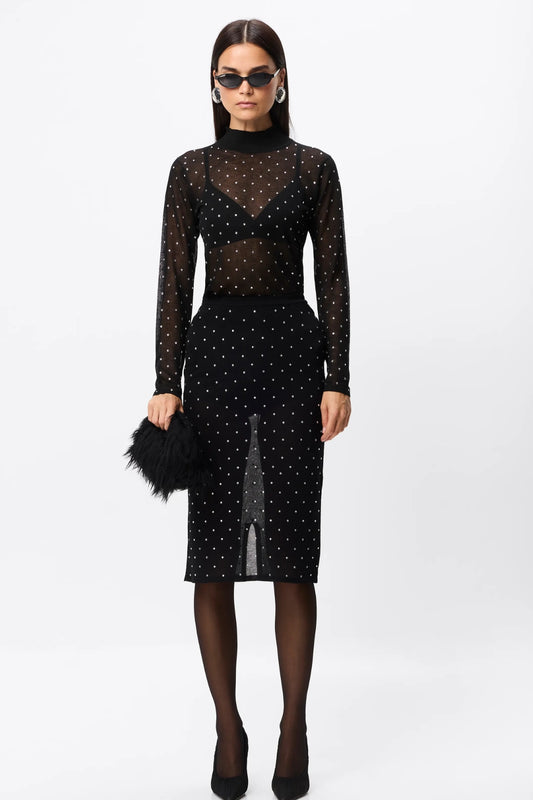 Celeste Knit Skirt Black Crystal by Mossman – semi sheer crystal embellished knit pencil skirt with removable slip.