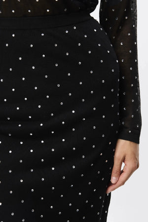 Celeste Knit Skirt Black Crystal by Mossman – semi sheer crystal embellished knit pencil skirt with removable slip.