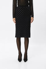 Celeste Knit Skirt Black Crystal by Mossman – semi sheer crystal embellished knit pencil skirt with removable slip.