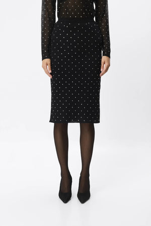 Celeste Knit Skirt Black Crystal by Mossman – semi sheer crystal embellished knit pencil skirt with removable slip.