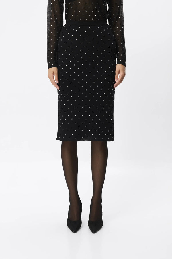 Celeste Knit Skirt Black Crystal by Mossman – semi sheer crystal embellished knit pencil skirt with removable slip.