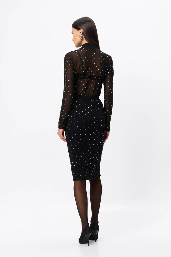 Celeste Knit Skirt Black Crystal by Mossman – semi sheer crystal embellished knit pencil skirt with removable slip.