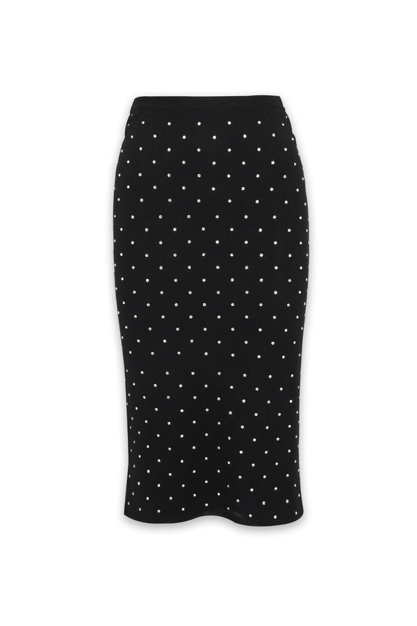 Celeste Knit Skirt Black Crystal by Mossman – semi sheer crystal embellished knit pencil skirt with removable slip.