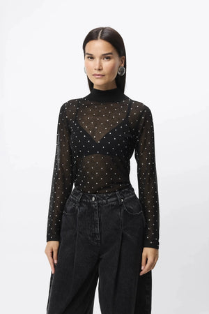 Celeste Knit Top Black Crystal by Mossman – semi sheer crystal embellished knit top with ribbed turtleneck and long sleeves.
