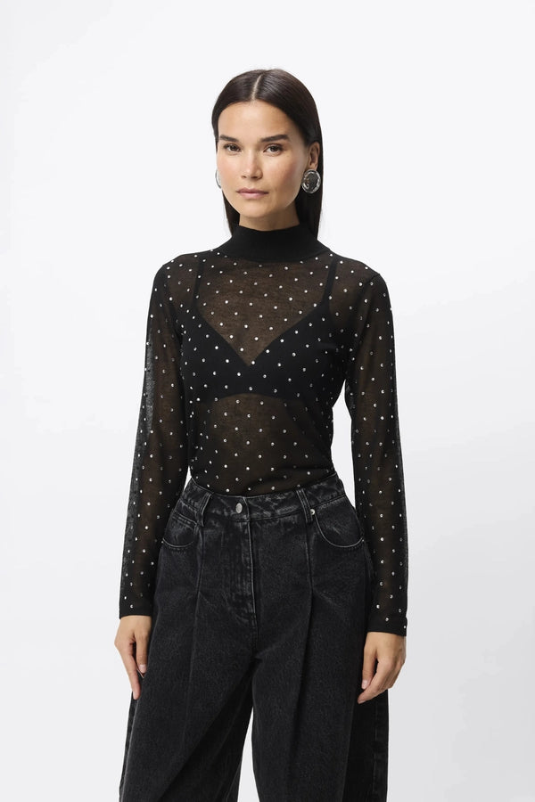Celeste Knit Top Black Crystal by Mossman – semi sheer crystal embellished knit top with ribbed turtleneck and long sleeves.