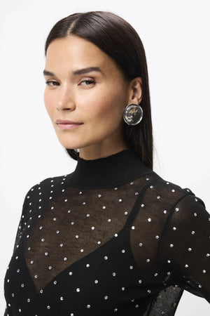 Celeste Knit Top Black Crystal by Mossman – semi sheer crystal embellished knit top with ribbed turtleneck and long sleeves.