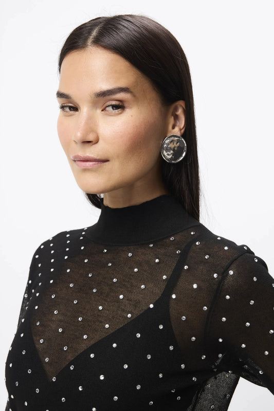 Celeste Knit Top Black Crystal by Mossman – semi sheer crystal embellished knit top with ribbed turtleneck and long sleeves.