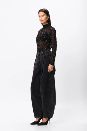 Celeste Knit Top Black Crystal by Mossman – semi sheer crystal embellished knit top with ribbed turtleneck and long sleeves.