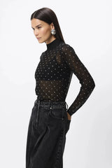 Celeste Knit Top Black Crystal by Mossman – semi sheer crystal embellished knit top with ribbed turtleneck and long sleeves.