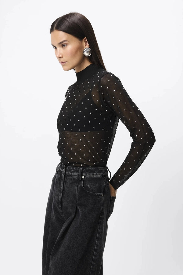 Celeste Knit Top Black Crystal by Mossman – semi sheer crystal embellished knit top with ribbed turtleneck and long sleeves.