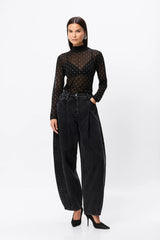 Celeste Knit Top Black Crystal by Mossman – semi sheer crystal embellished knit top with ribbed turtleneck and long sleeves.