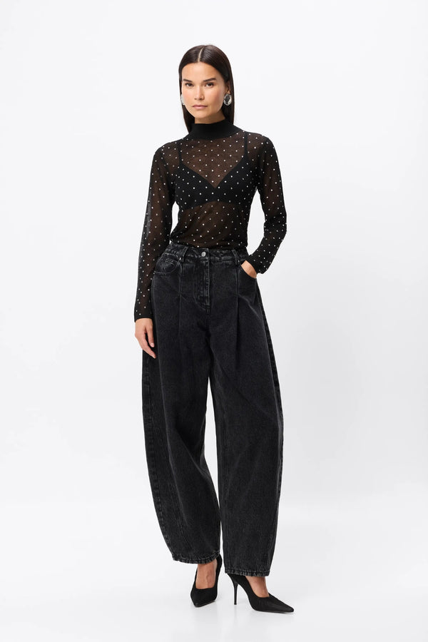 Celeste Knit Top Black Crystal by Mossman – semi sheer crystal embellished knit top with ribbed turtleneck and long sleeves.
