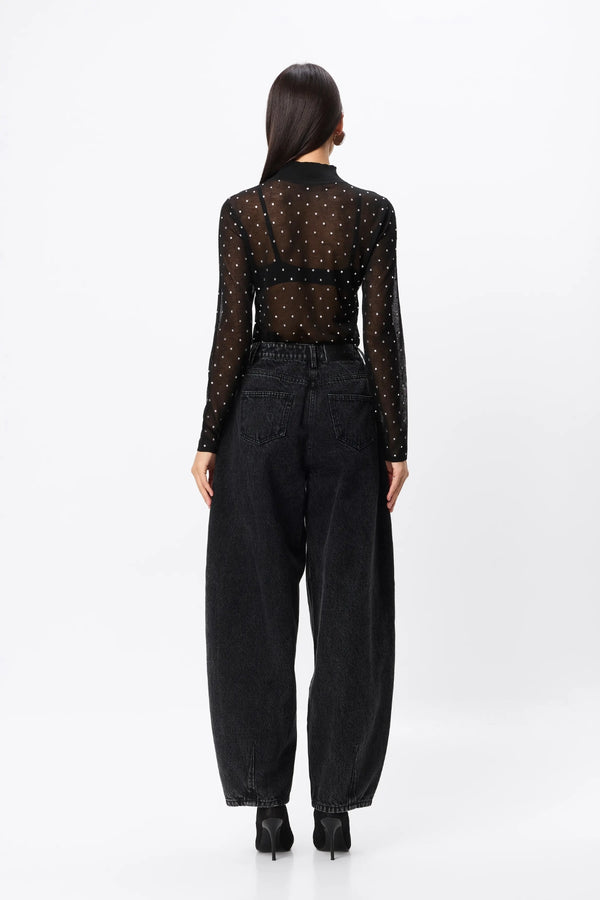Celeste Knit Top Black Crystal by Mossman – semi sheer crystal embellished knit top with ribbed turtleneck and long sleeves.