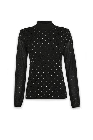 Celeste Knit Top Black Crystal by Mossman – semi sheer crystal embellished knit top with ribbed turtleneck and long sleeves.