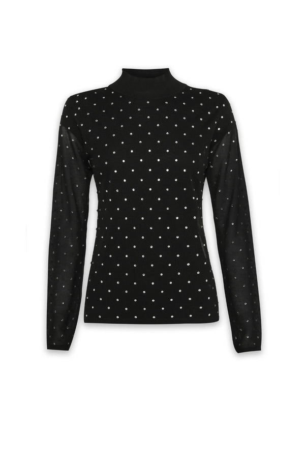 Celeste Knit Top Black Crystal by Mossman – semi sheer crystal embellished knit top with ribbed turtleneck and long sleeves.