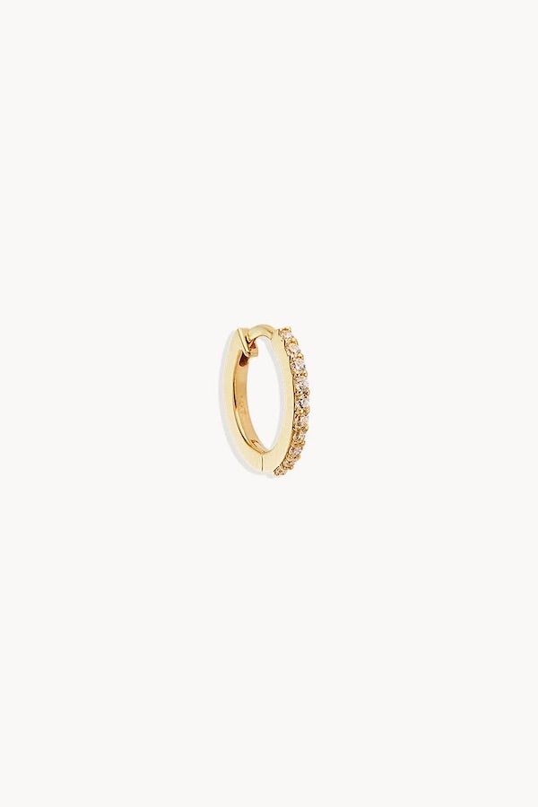 14k Solid Gold Celestial Sleeper by By Charlotte, delicate hoop earring encrusted with white cubic zirconia crystals, perfect for effortless stacking or celestial-inspired layers. Sold as a single earring.