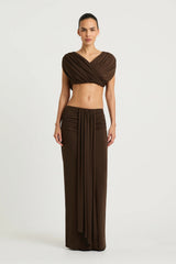 Celia Maxi Skirt Chocolate by Benni – stretch jersey maxi skirt with front sash and gathered waist detail.