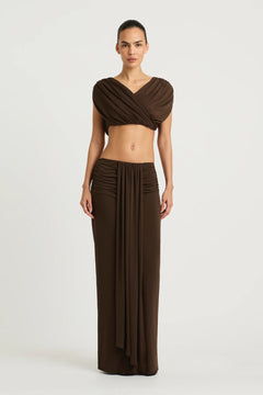 Celia Maxi Skirt Chocolate by Benni – stretch jersey maxi skirt with front sash and gathered waist detail.