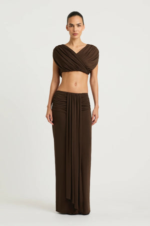 Celia Maxi Skirt Chocolate by Benni – stretch jersey maxi skirt with front sash and gathered waist detail.
