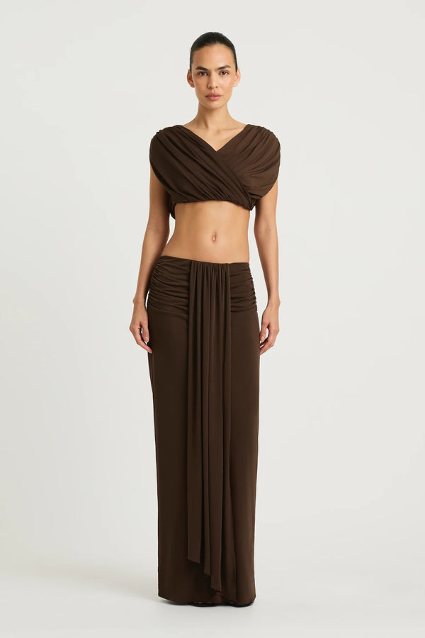 Celia Maxi Skirt Chocolate by Benni – stretch jersey maxi skirt with front sash and gathered waist detail.