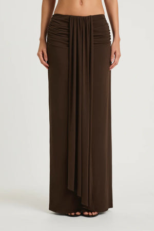 Celia Maxi Skirt Chocolate by Benni – stretch jersey maxi skirt with front sash and gathered waist detail.