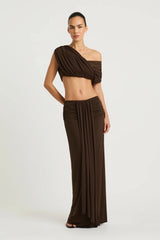 Celia Top Chocolate by Benni – cropped stretch jersey top with adjustable gathered neckline and versatile styling.