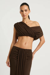 Celia Top Chocolate by Benni – cropped stretch jersey top with adjustable gathered neckline and versatile styling.
