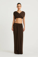 Celia Top Chocolate by Benni – cropped stretch jersey top with adjustable gathered neckline and versatile styling.
