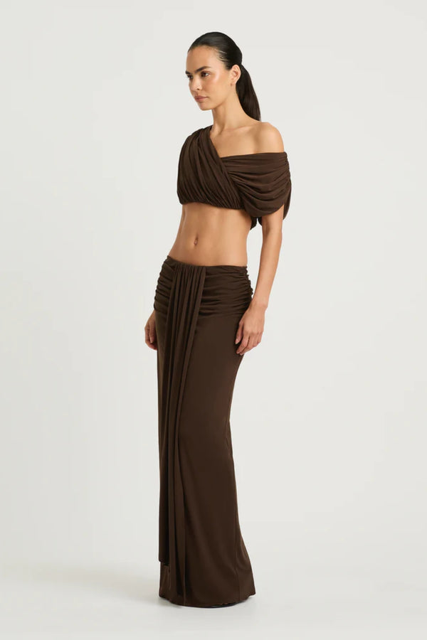 Celia Top Chocolate by Benni – cropped stretch jersey top with adjustable gathered neckline and versatile styling.