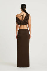Celia Top Chocolate by Benni – cropped stretch jersey top with adjustable gathered neckline and versatile styling.