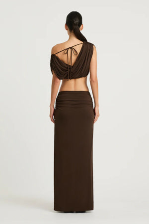 Celia Top Chocolate by Benni – cropped stretch jersey top with adjustable gathered neckline and versatile styling.