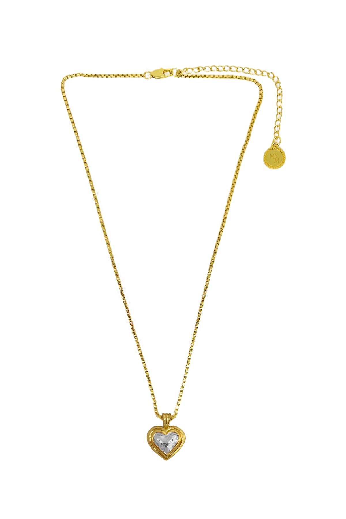 Celine Necklace by Mountain and Moon — a two-tone heart pendant on a gold chain, perfect for everyday layering and modern feminine styling.