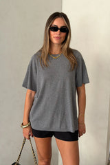 Charli Knit Tee in grey, featuring a soft knit fabric and a relaxed, short-sleeve fit.
