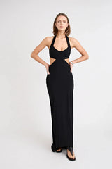 Charlie Dress Black by Pfeiffer, featuring a halter neckline, waist cut-outs and a tulip hem for an effortlessly flattering evening look.
