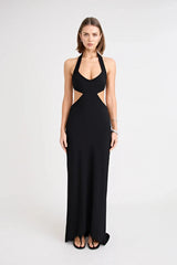 Charlie Dress Black by Pfeiffer, featuring a halter neckline, waist cut-outs and a tulip hem for an effortlessly flattering evening look.
