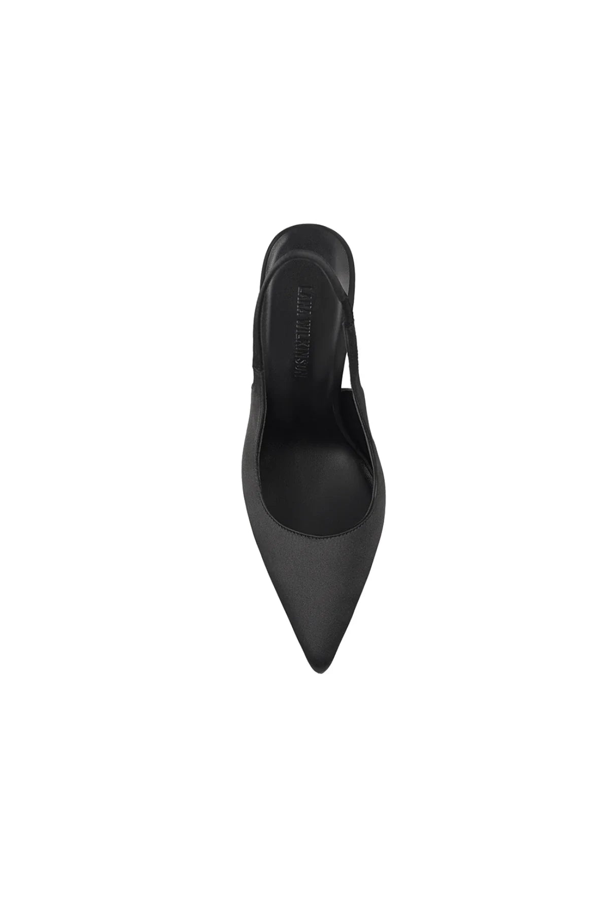 Charlize Pump in Black Satin by Lana Wilkinson, a pointed-toe slingback with elastic strap, 10cm heel, and sleek satin finish.