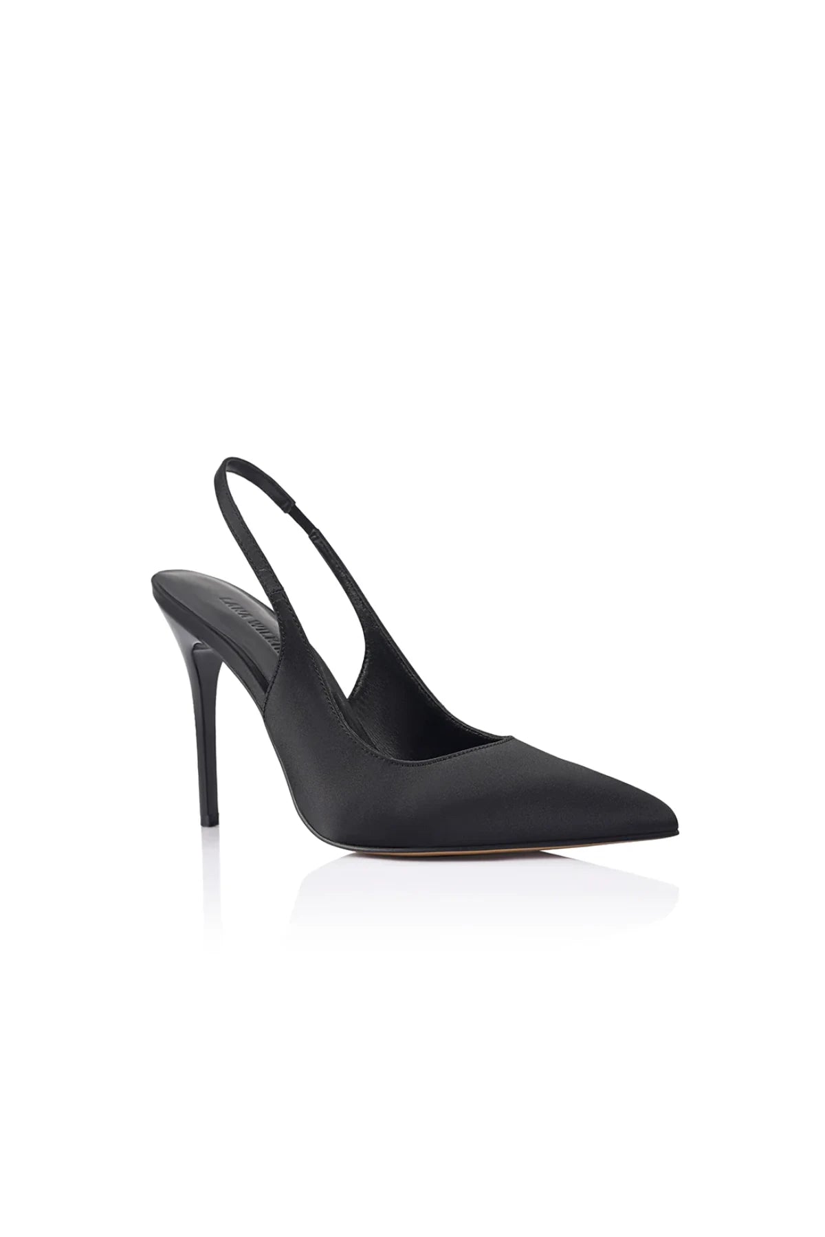 Charlize Pump in Black Satin by Lana Wilkinson, a pointed-toe slingback with elastic strap, 10cm heel, and sleek satin finish.