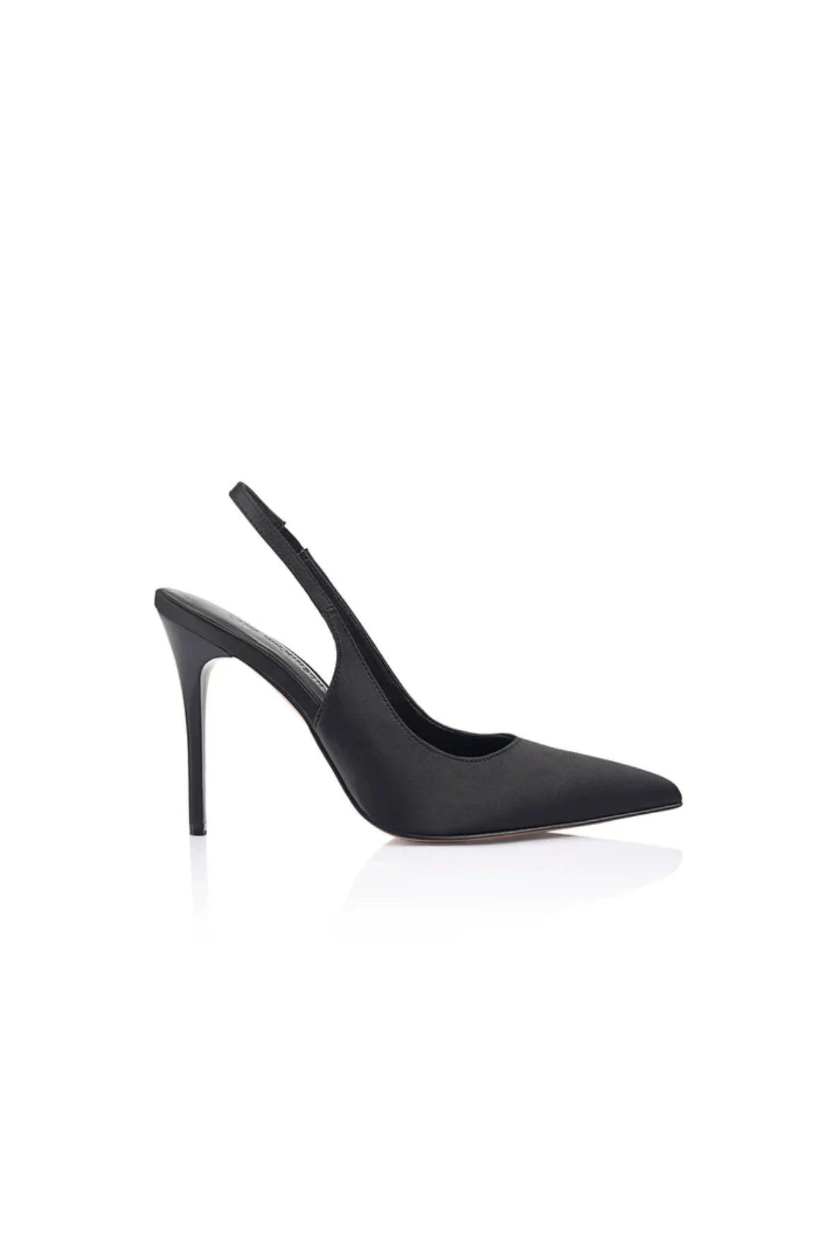 Charlize Pump in Black Satin by Lana Wilkinson, a pointed-toe slingback with elastic strap, 10cm heel, and sleek satin finish.
