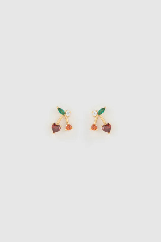 Cherry Bomb Stud Earrings by Arms of Eve, playful cherry-inspired studs with vibrant zircon stones for a fun, colourful pop to any ear stack.
