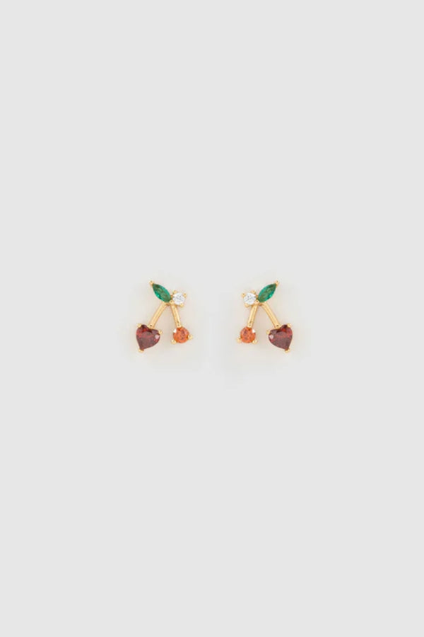 Cherry Bomb Stud Earrings by Arms of Eve, playful cherry-inspired studs with vibrant zircon stones for a fun, colourful pop to any ear stack.