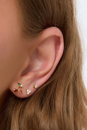 Cherry Bomb Stud Earrings by Arms of Eve, playful cherry-inspired studs with vibrant zircon stones for a fun, colourful pop to any ear stack