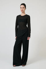 Chispa Top Black by Onte - sheer chiffon top with rhinestone detail and asymmetric hem, designed for a modern evening look.