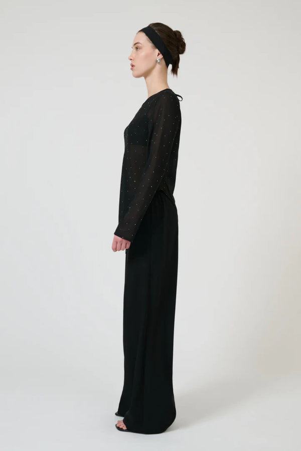 Chispa Top Black by Onte - sheer chiffon top with rhinestone detail and asymmetric hem, designed for a modern evening look.